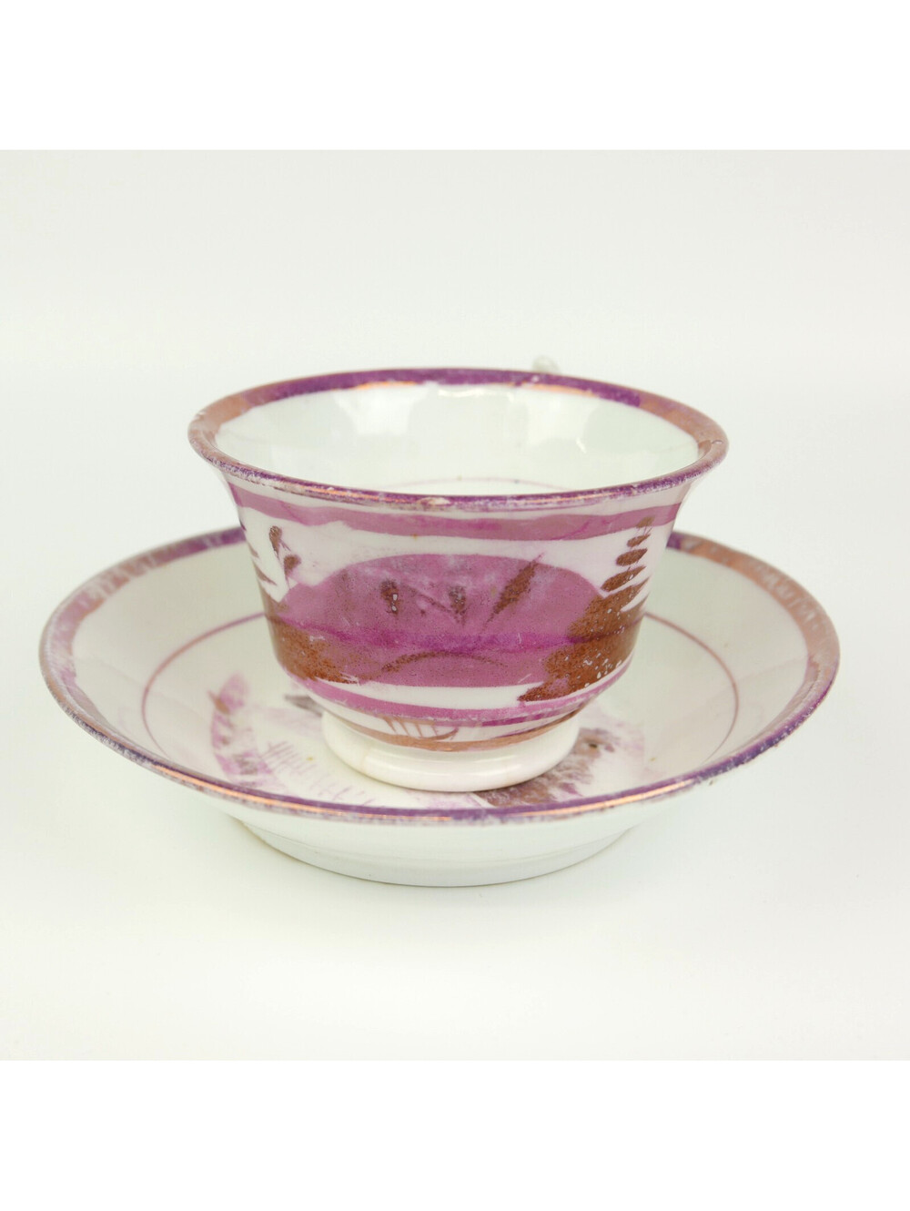 Antique Staffordshire Pink Lustre Lusterware Tea Cup & Saucer Pearlware Trees
